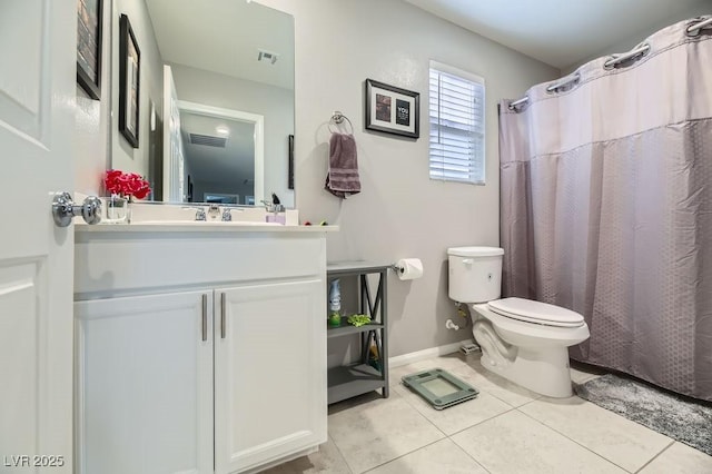 bathroom featuring walk in shower, vanity, toilet, and tile patterned flooring