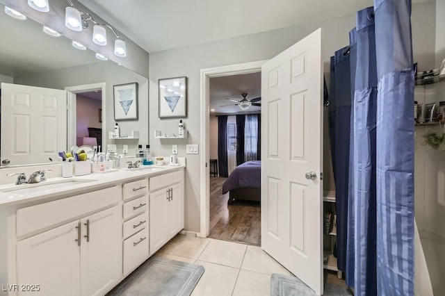 bathroom with vanity, tile patterned floors, and ceiling fan