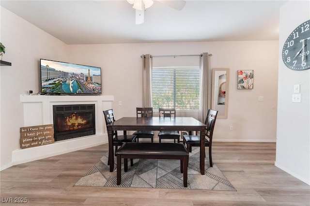 dining area with ceiling fan and light wood-type flooring