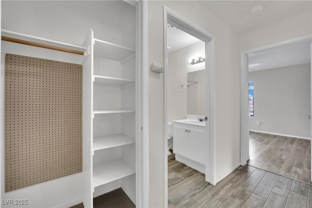 bathroom featuring vanity and hardwood / wood-style flooring