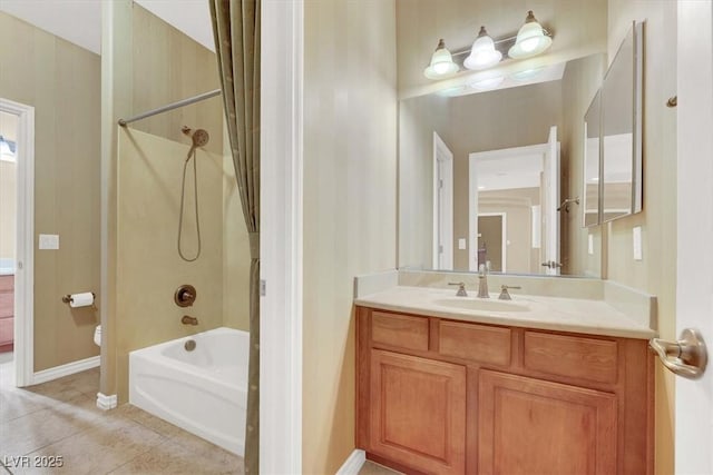 full bathroom featuring tile patterned flooring, vanity, shower / bath combination with curtain, and toilet