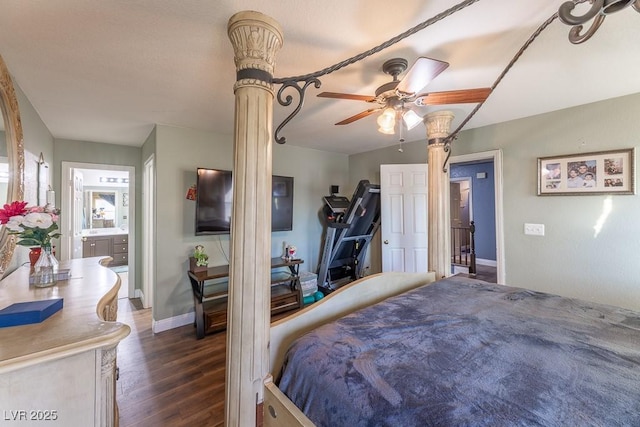 bedroom with dark wood-type flooring and ceiling fan