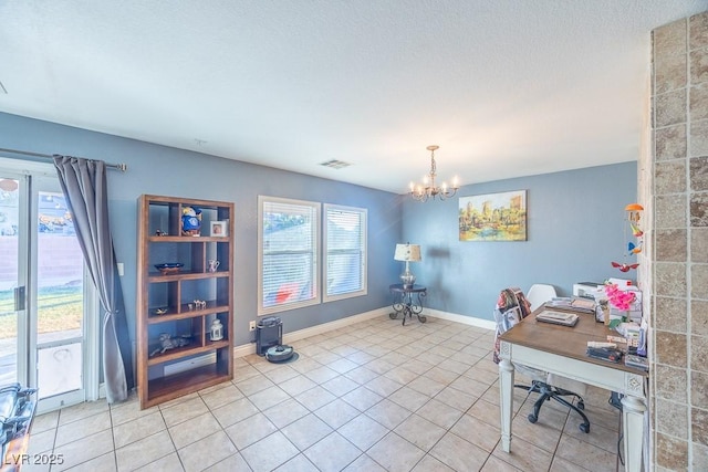 office with light tile patterned floors and a notable chandelier