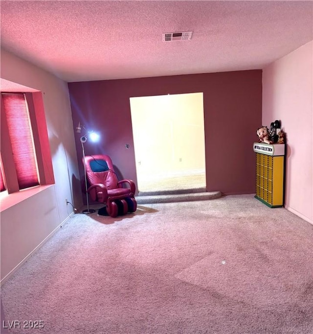 unfurnished room with carpet and a textured ceiling