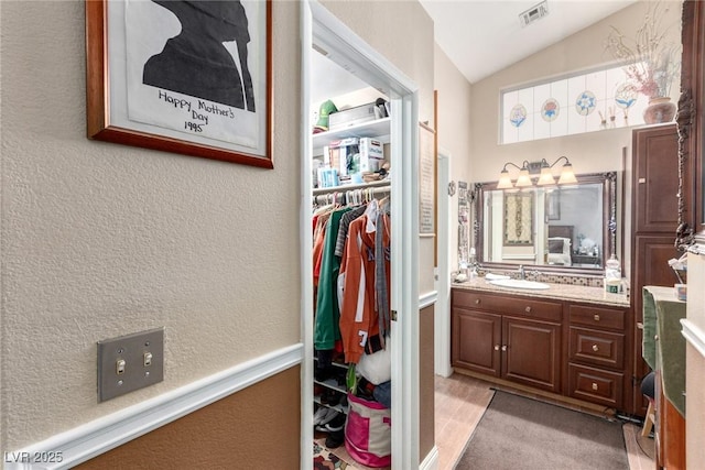 bathroom featuring lofted ceiling and vanity