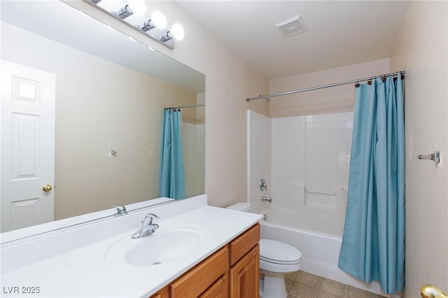 full bathroom featuring tile patterned flooring, vanity, shower / bathtub combination with curtain, and toilet