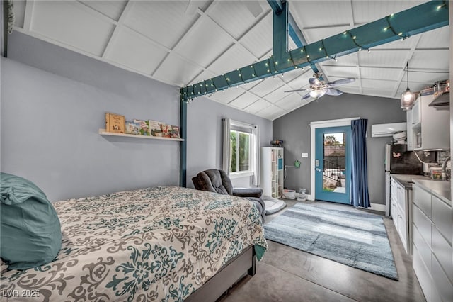 bedroom featuring concrete floors, vaulted ceiling, water heater, and access to outside