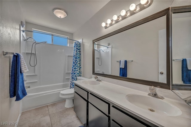 full bathroom featuring tile patterned flooring, vanity, shower / bath combination with curtain, and toilet