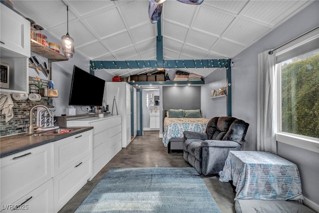 bedroom with vaulted ceiling and sink