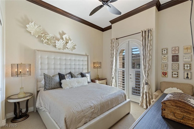 carpeted bedroom featuring ceiling fan, ornamental molding, and access to exterior