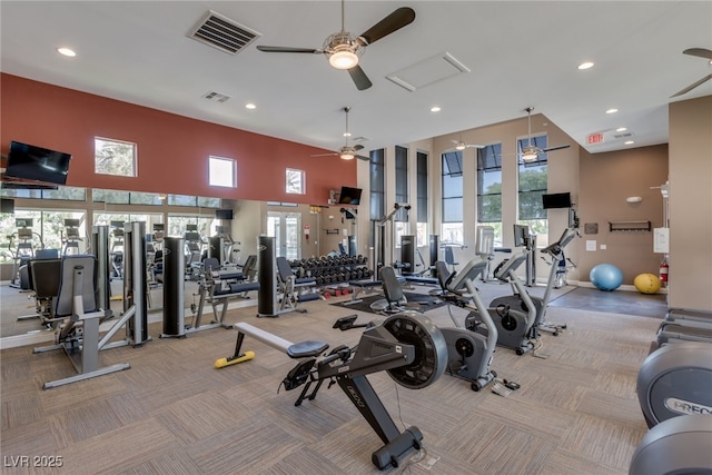 exercise room with a healthy amount of sunlight, ceiling fan, and carpet flooring