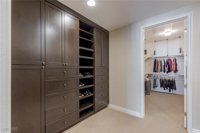 spacious closet with light colored carpet