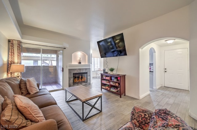 living room featuring a tiled fireplace, a healthy amount of sunlight, and light hardwood / wood-style flooring