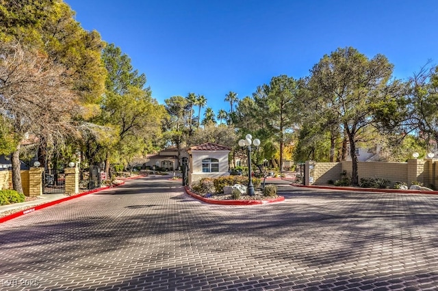 view of street with curbs, street lighting, a gated entry, and a gate