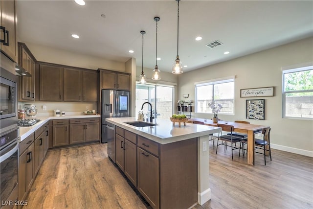 kitchen with pendant lighting, sink, stainless steel appliances, a wealth of natural light, and a center island with sink