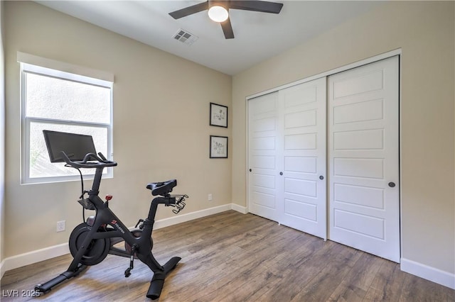 workout area featuring hardwood / wood-style flooring and ceiling fan