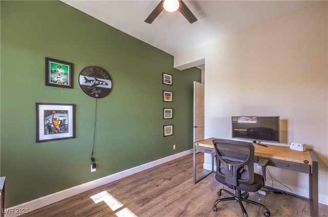 office space featuring wood-type flooring and ceiling fan