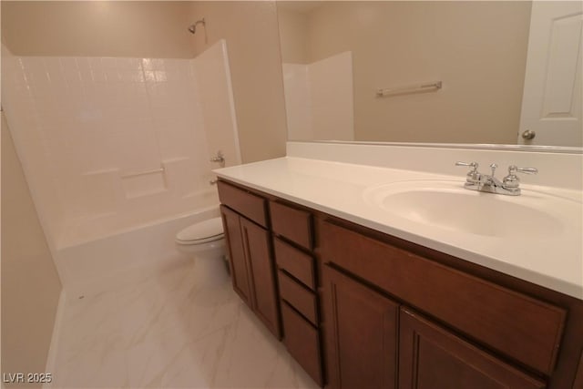 full bathroom with vanity, shower / bathtub combination, and toilet