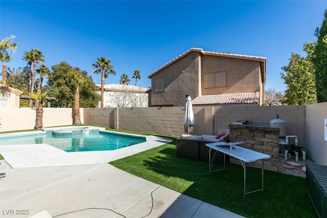 view of pool featuring a patio and a lawn