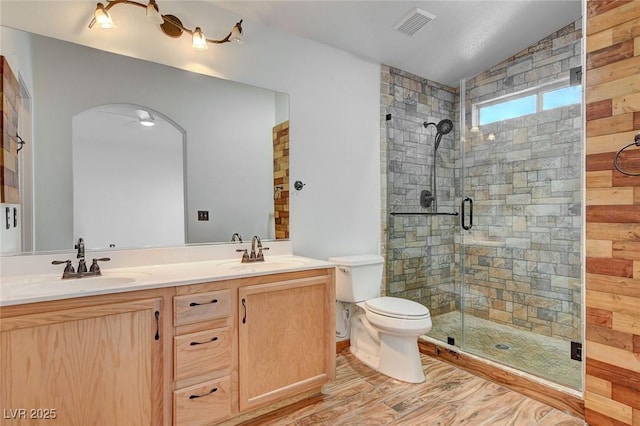 bathroom with vanity, toilet, and a shower with door