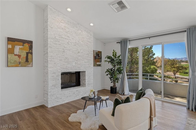 living room featuring wood-type flooring and a fireplace