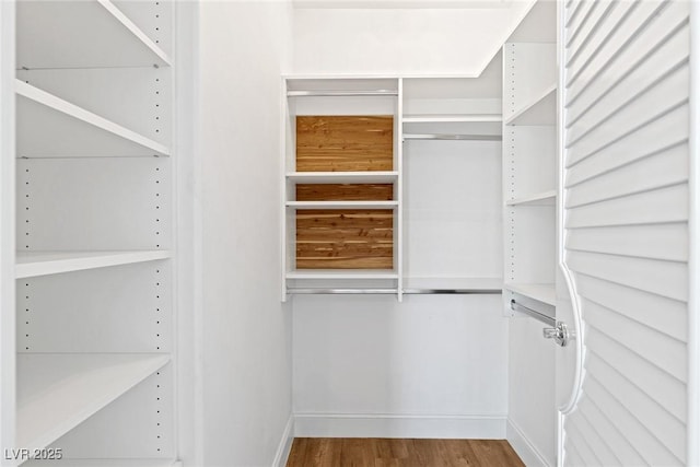 walk in closet with hardwood / wood-style floors