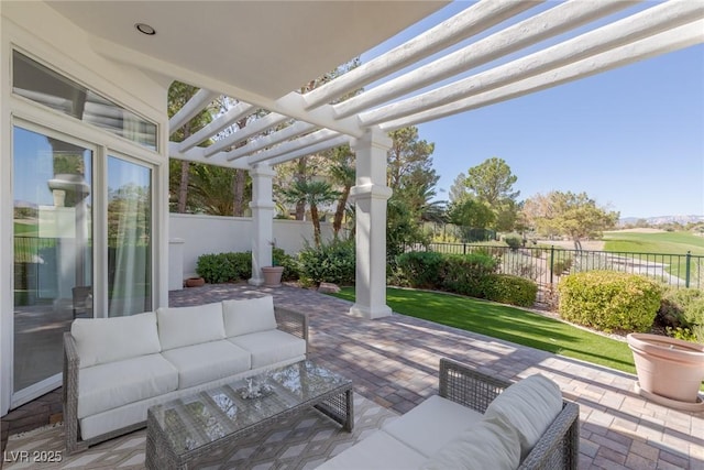 view of patio / terrace featuring an outdoor living space and a pergola