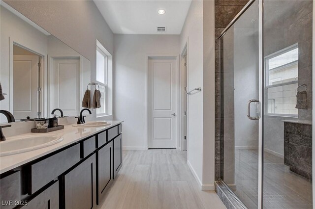 bathroom featuring vanity and a shower with shower door