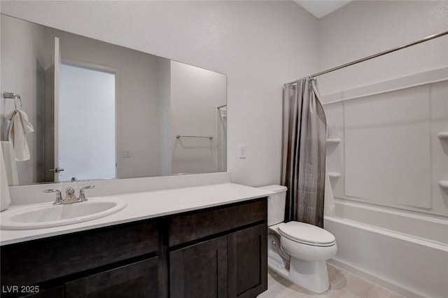 full bathroom with vanity, toilet, and shower / bath combo with shower curtain