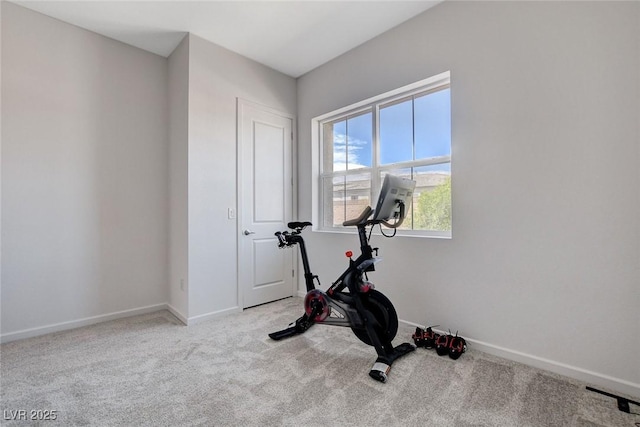 exercise room featuring light carpet