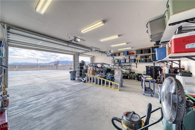 garage with a garage door opener and a mountain view