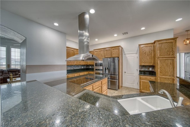 kitchen with decorative backsplash, plenty of natural light, stainless steel appliances, and island exhaust hood