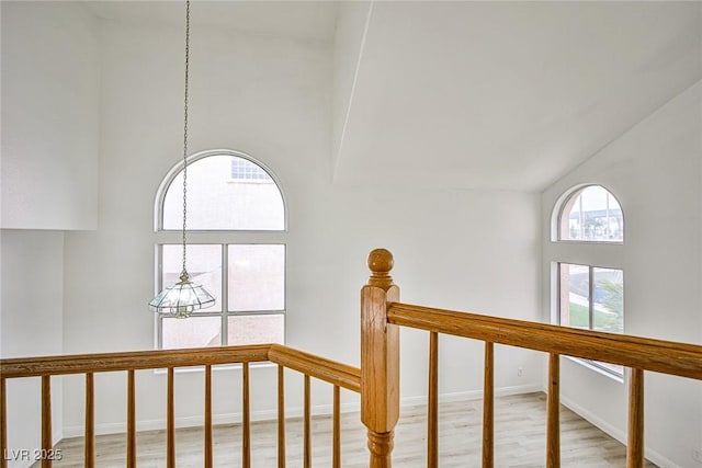 corridor with wood-type flooring and high vaulted ceiling