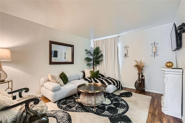 living room with baseboards and wood finished floors