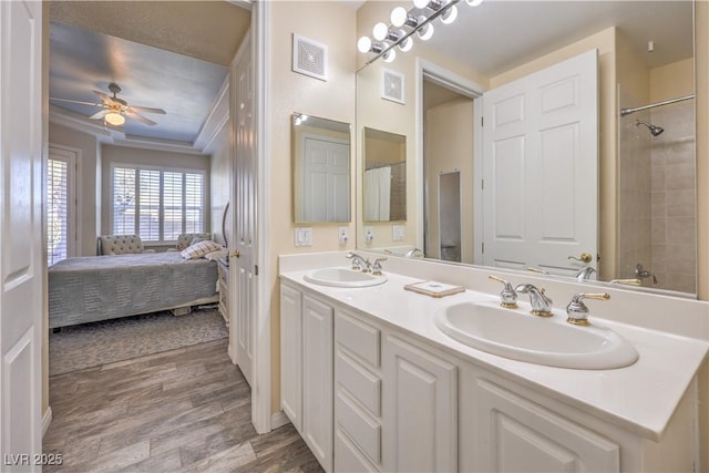 bathroom featuring ceiling fan, wood-type flooring, and vanity