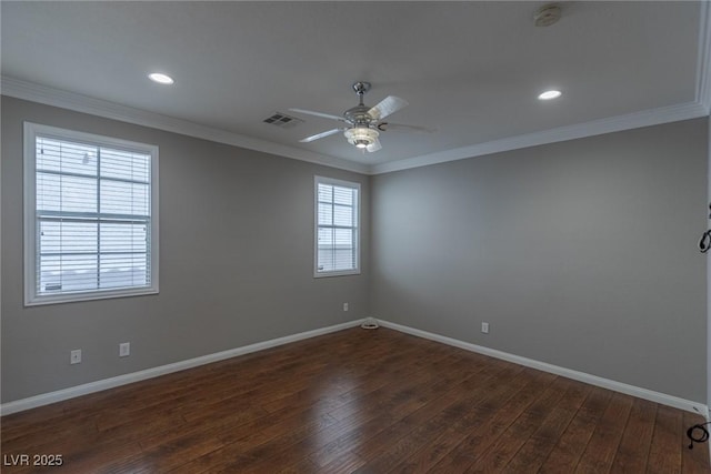 unfurnished room with ornamental molding and dark wood-type flooring