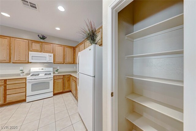 kitchen featuring white appliances, visible vents, light countertops, open shelves, and light tile patterned flooring