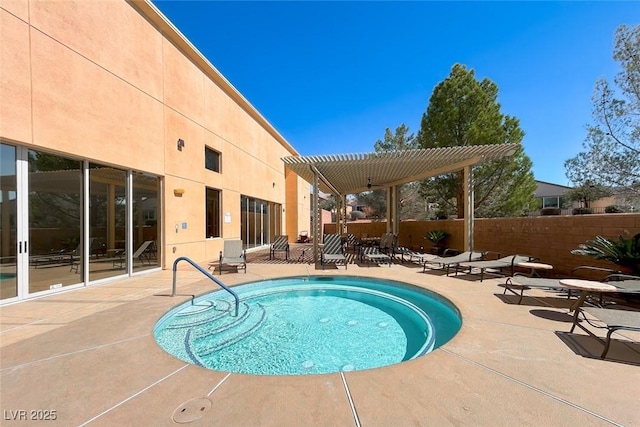 view of swimming pool with a pool, a pergola, a patio, and fence