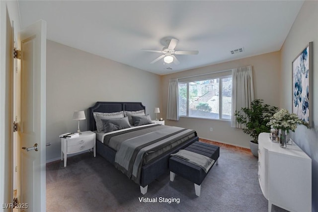 carpeted bedroom with ceiling fan, visible vents, and baseboards