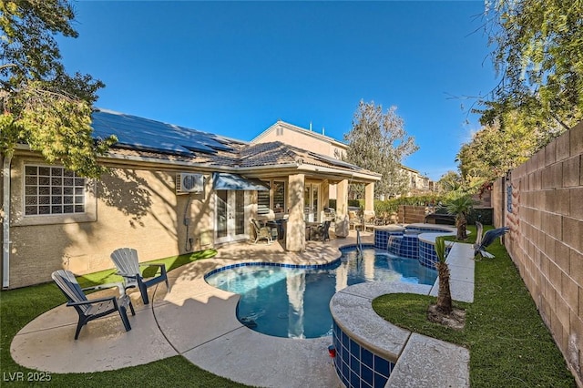 view of pool featuring french doors, a patio, and an in ground hot tub