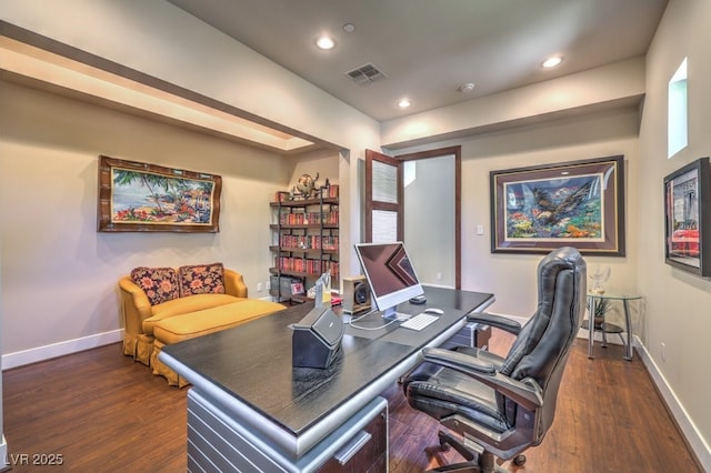 office area with dark hardwood / wood-style flooring