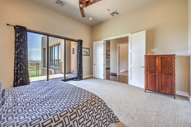 carpeted bedroom featuring access to exterior and ceiling fan