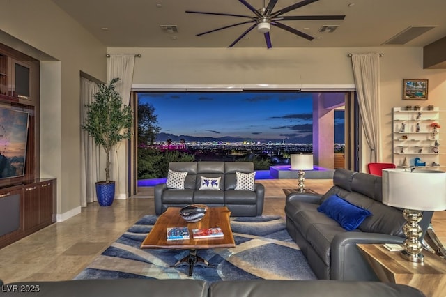 living room featuring ceiling fan