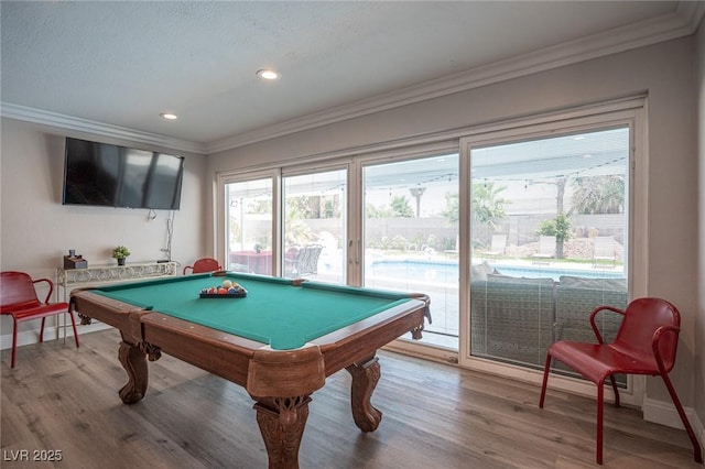 playroom featuring recessed lighting, ornamental molding, wood finished floors, billiards, and baseboards