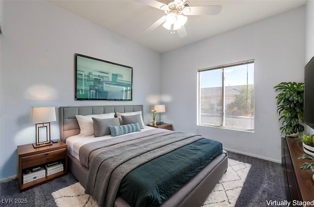 carpeted bedroom featuring ceiling fan