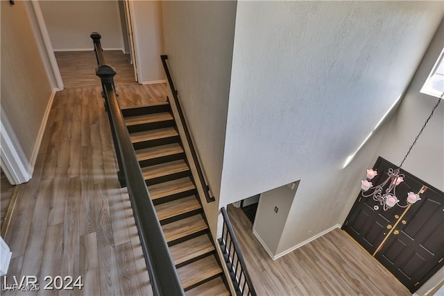 staircase with hardwood / wood-style flooring