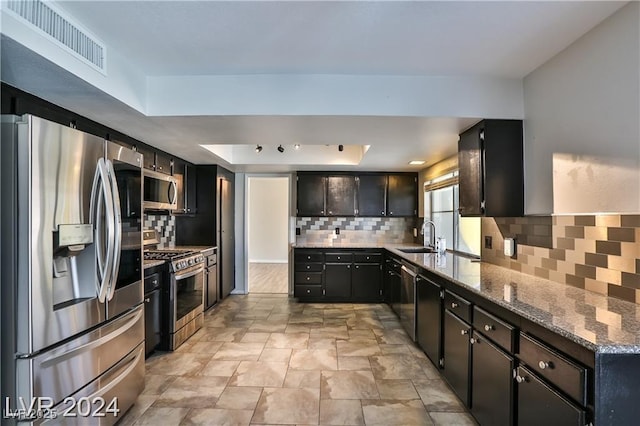 kitchen with tasteful backsplash, stainless steel appliances, a tray ceiling, and stone countertops