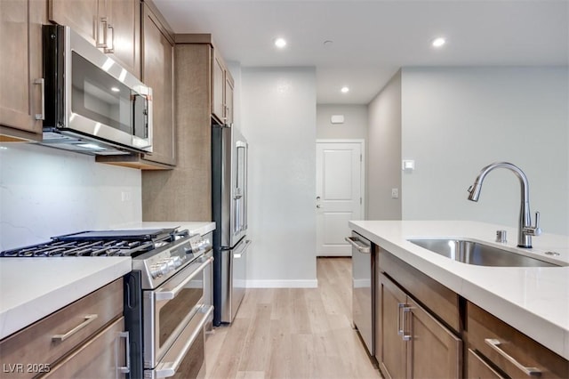 kitchen with backsplash, stainless steel appliances, sink, and light wood-type flooring