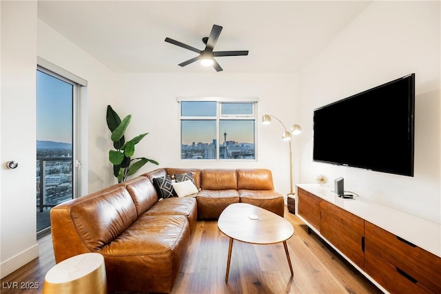 living room featuring ceiling fan and wood-type flooring