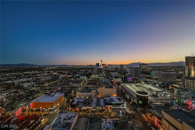 aerial view at dusk with a mountain view